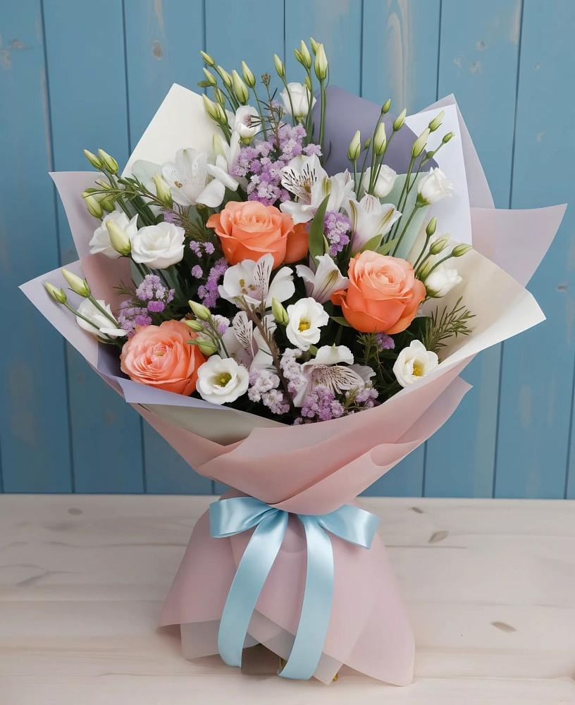 Букет цветов из: Лизиантусы, Розы, Альстромерии и Гипсофила в Алнаши