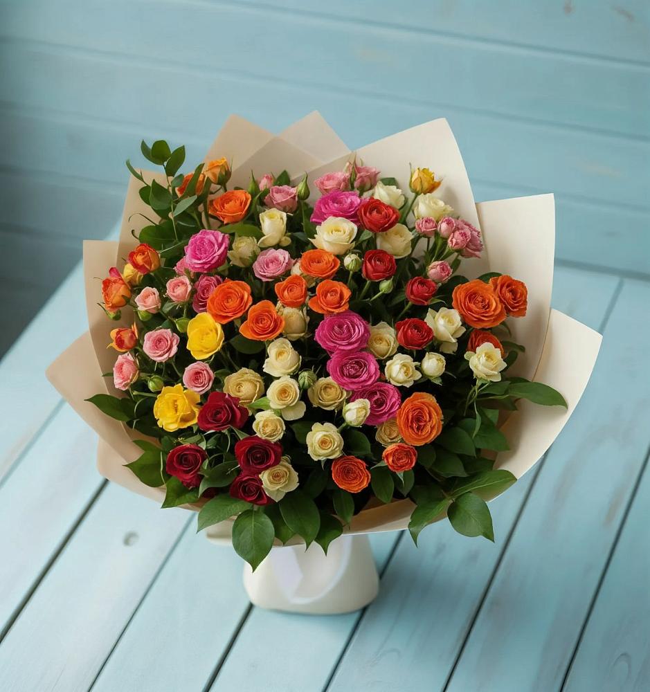 Букет Микс из разноцветных кустовых роз в Алнаши